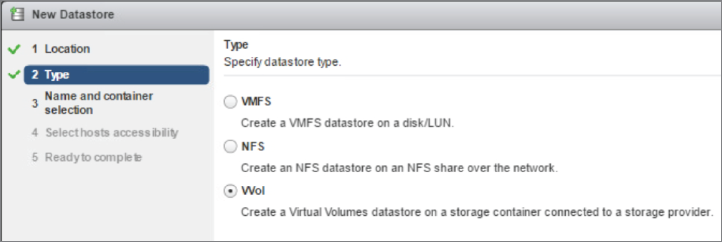 Snapshot of creating a Virtual Volumes datastore.