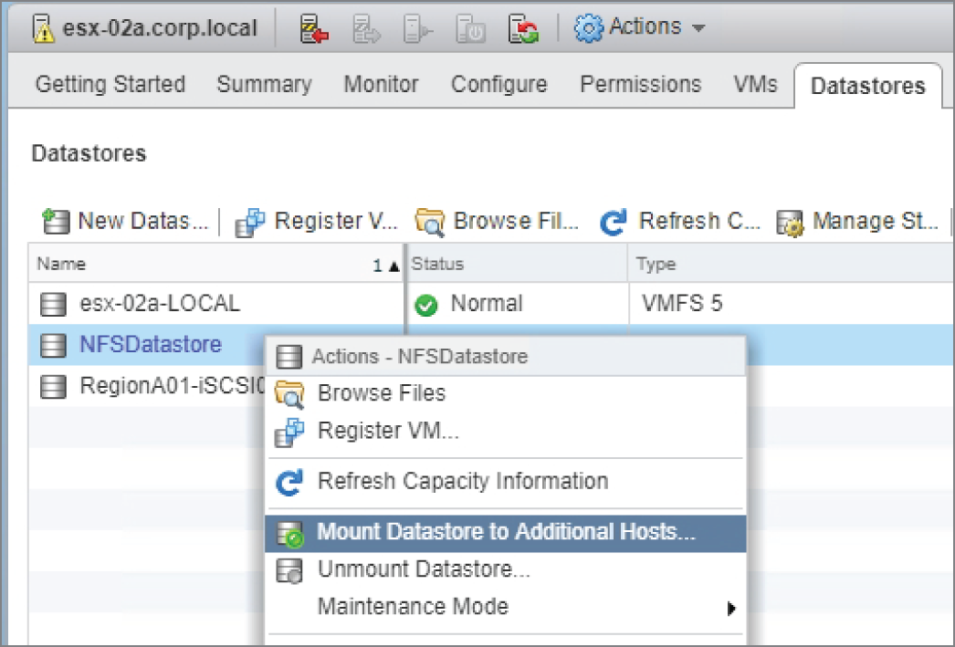 Snapshot of Mount Datastore to Additional Hosts wizard to ensure that the configuration matches on the created host. hosts.