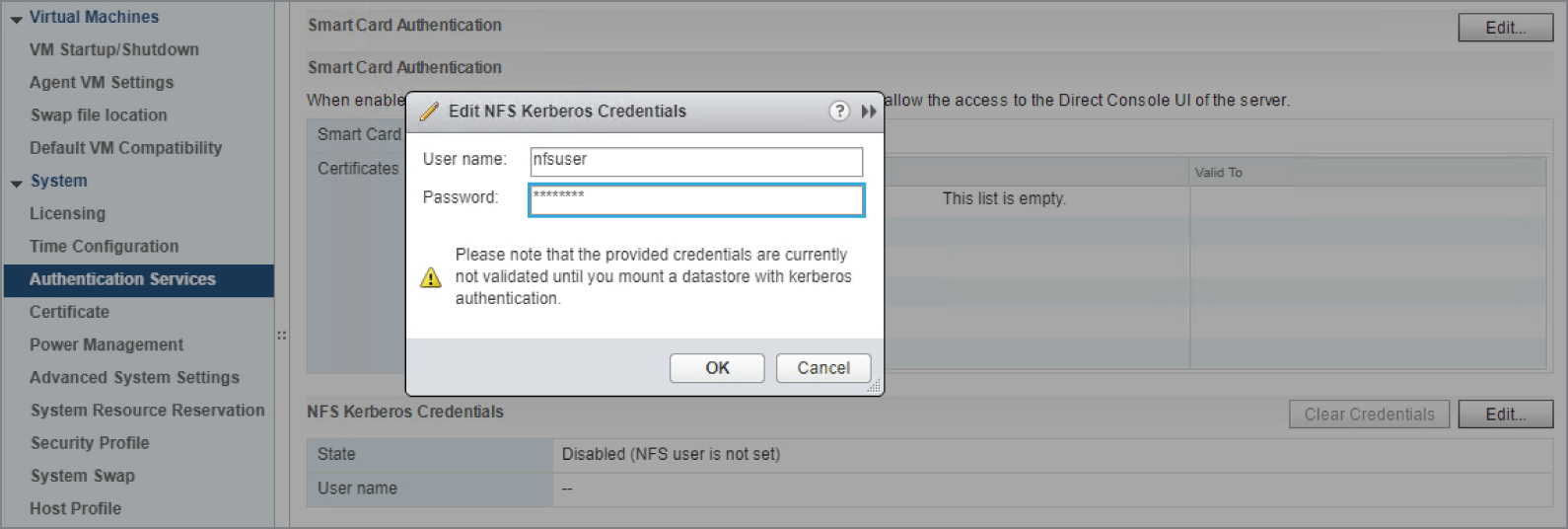 Snapshot of opening the Authentication Services menu on the host and set the Kerberos credentials.
