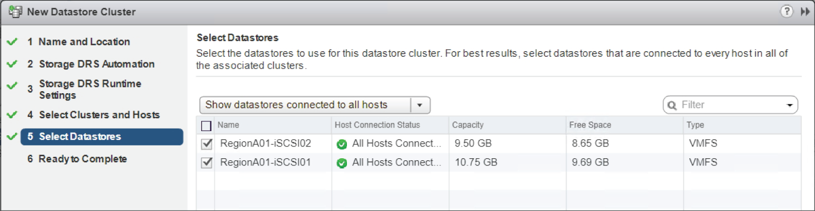 Snapshot of picking two identical datastores to add to the cluster.