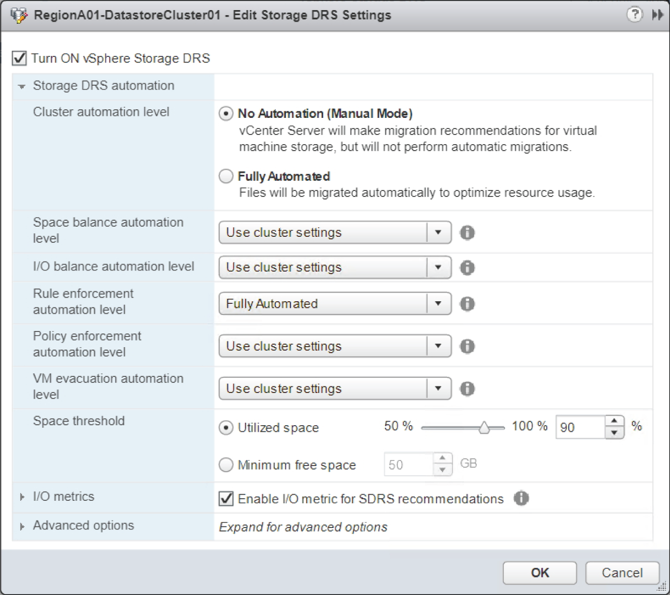 Snapshot of Edit Storage DRS settings screen.