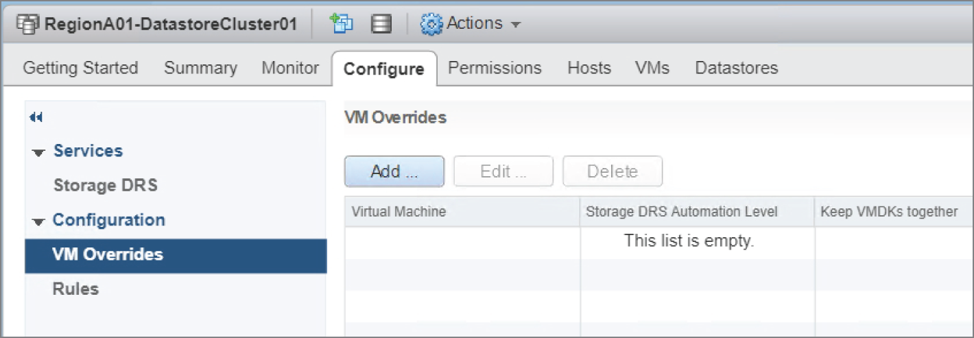 Snapshot of adding a VM override for one of the virtual machines.