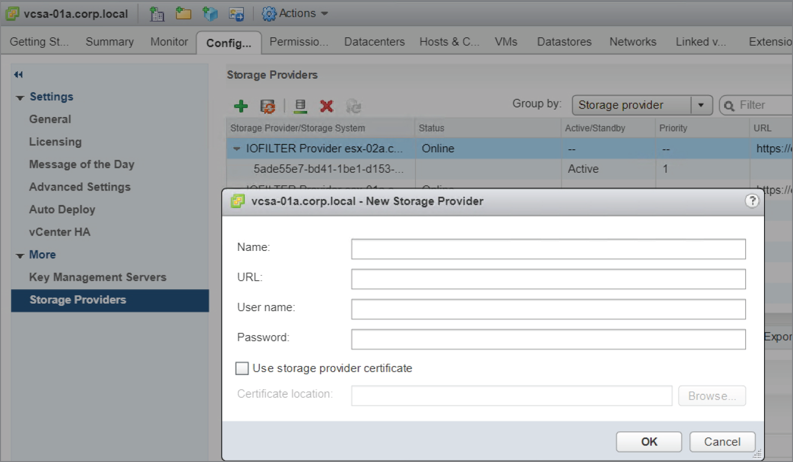 Snapshot of selecting Storage Providers and enter the information for the new storage device.