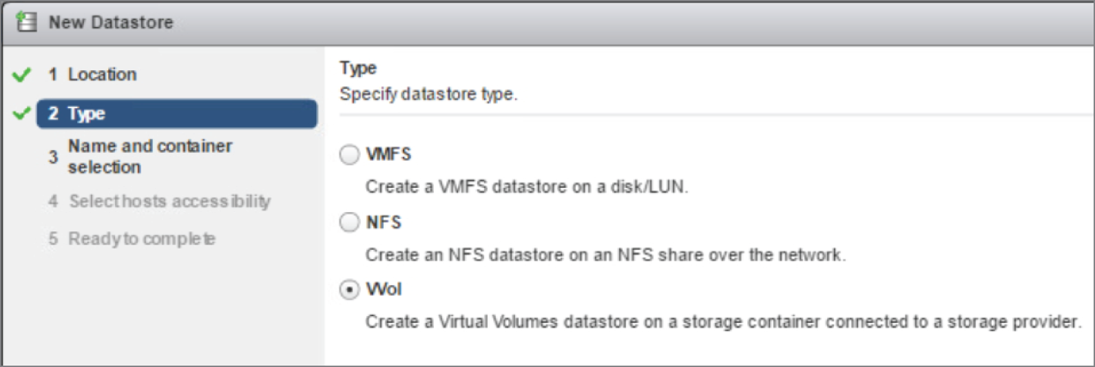Snapshot of choosing Vvol as a datastore type.