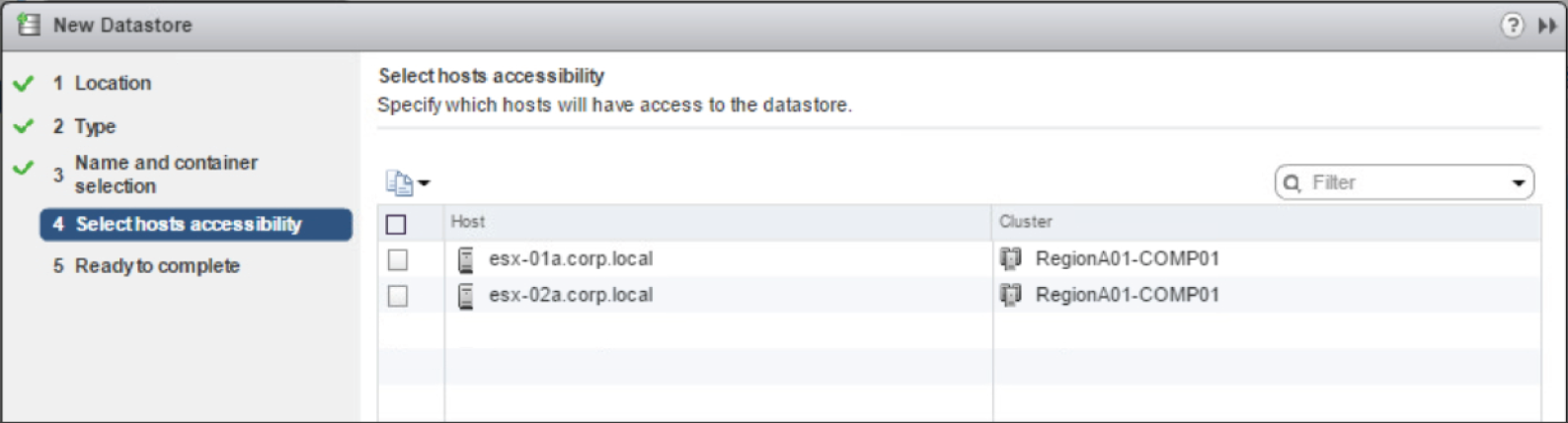 Snapshot of choosing the hosts that will access the datastore.