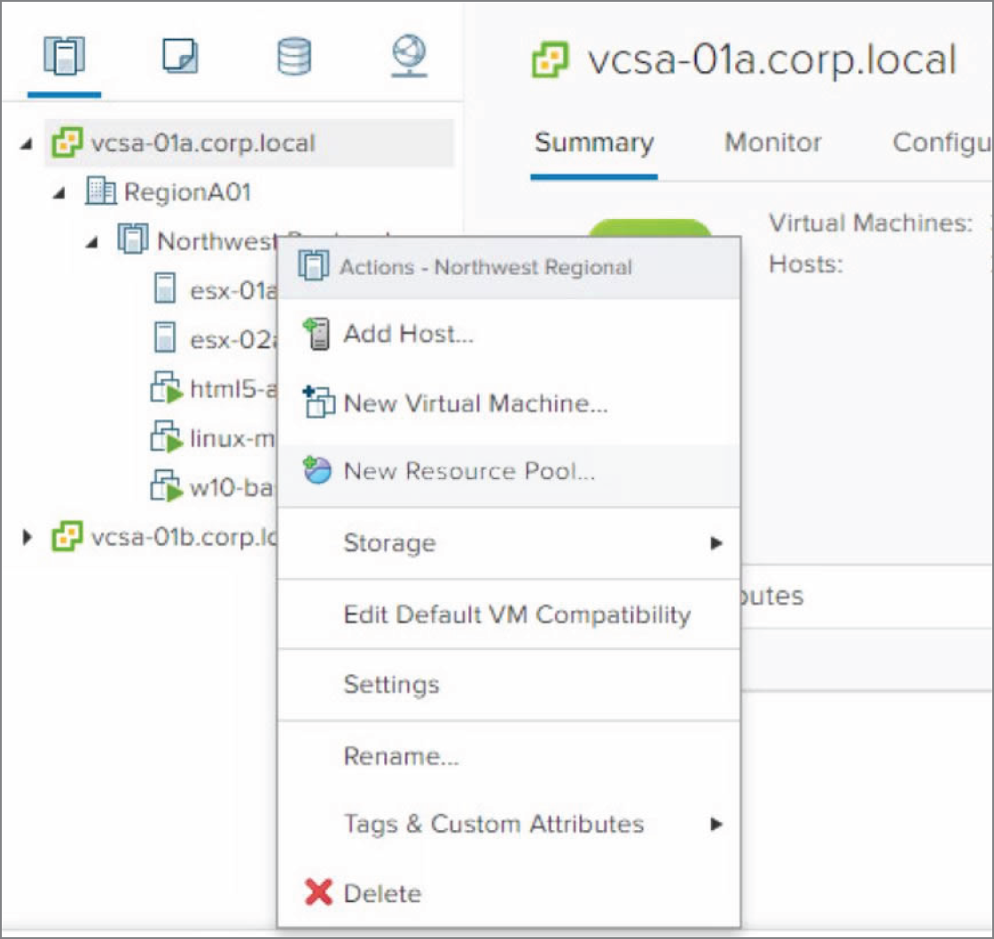 Snapshot of right-clicking the Northwest Regional vSphere cluster and click New Resource Pool.