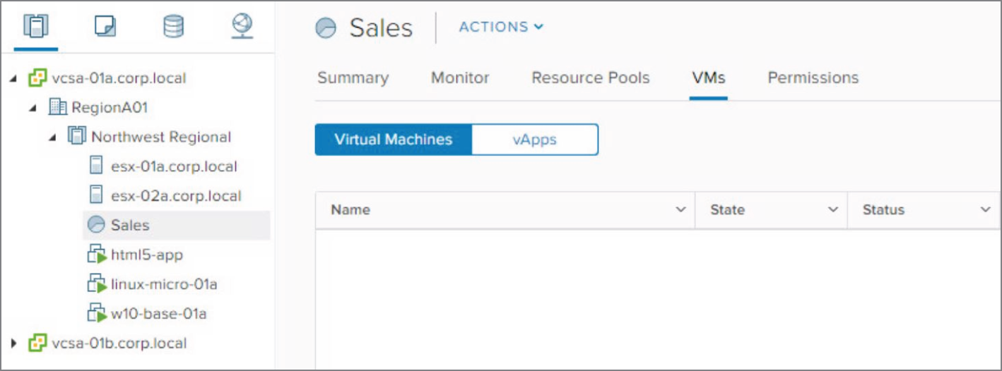 Snapshot of selecting the VMs tab and the html5-app VM is showing in the inventory under the Northwest Regional cluster.