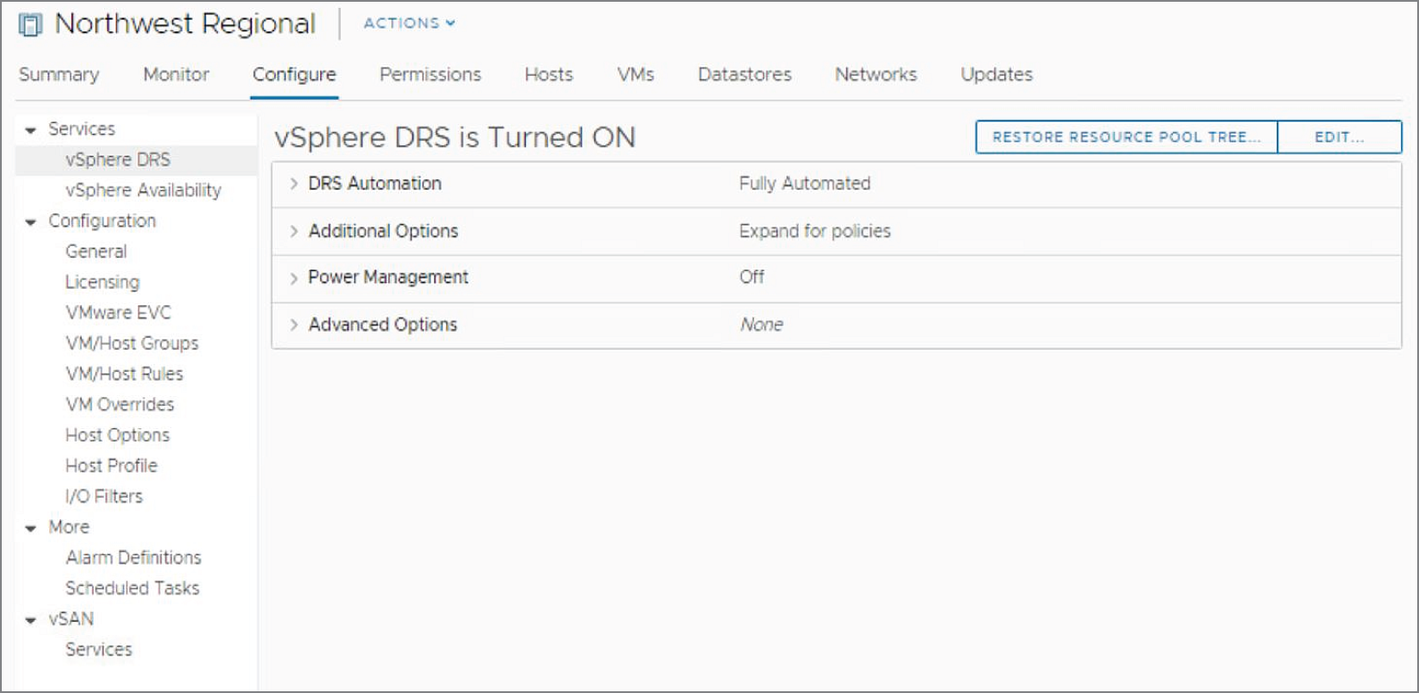 Snapshot of the Configure panel, DRS is shown as enabled.