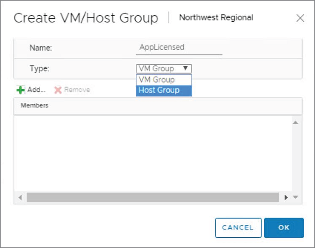 Snapshot of the Create VM/Host Group window. In the Name field, type AppLicensed, then click the drop-down menu for Type and select Host Group.