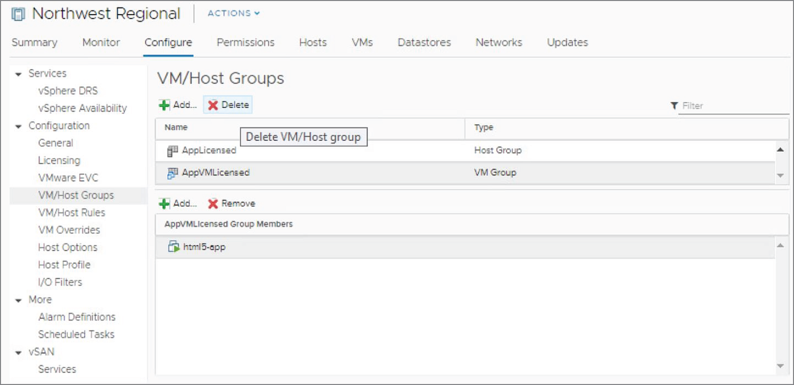 Snapshot of selecting VM/Host Groups from the Configuration drop-down in the navigation pane, then click the Delete button.