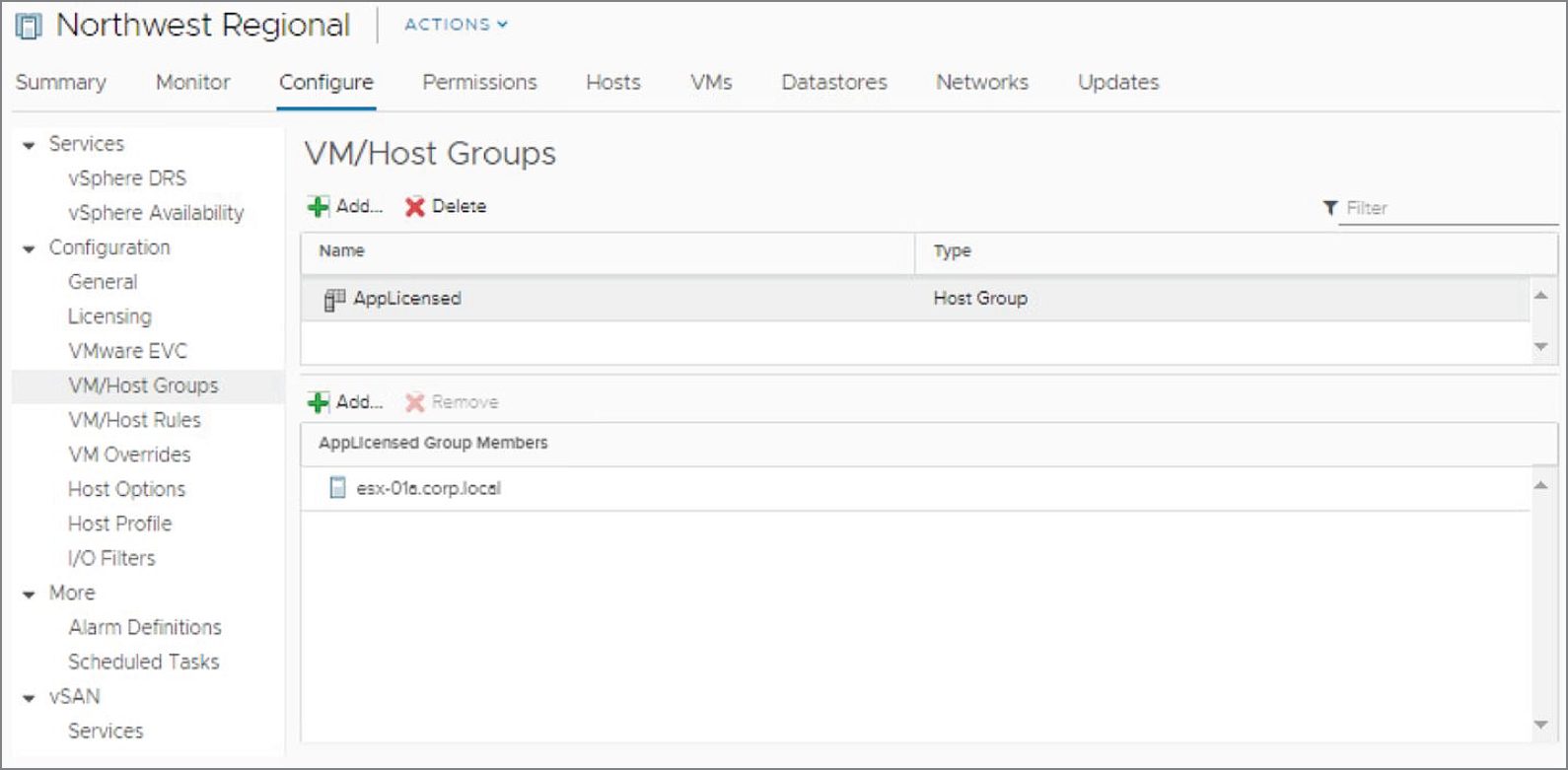 Snapshot of the VM/Host Group window, showing that the group has been removed.