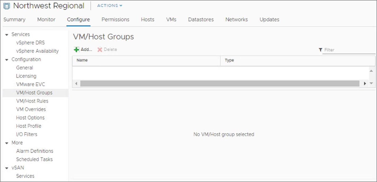 Snapshot of VM/Host Groups window showing that the group has been removed.