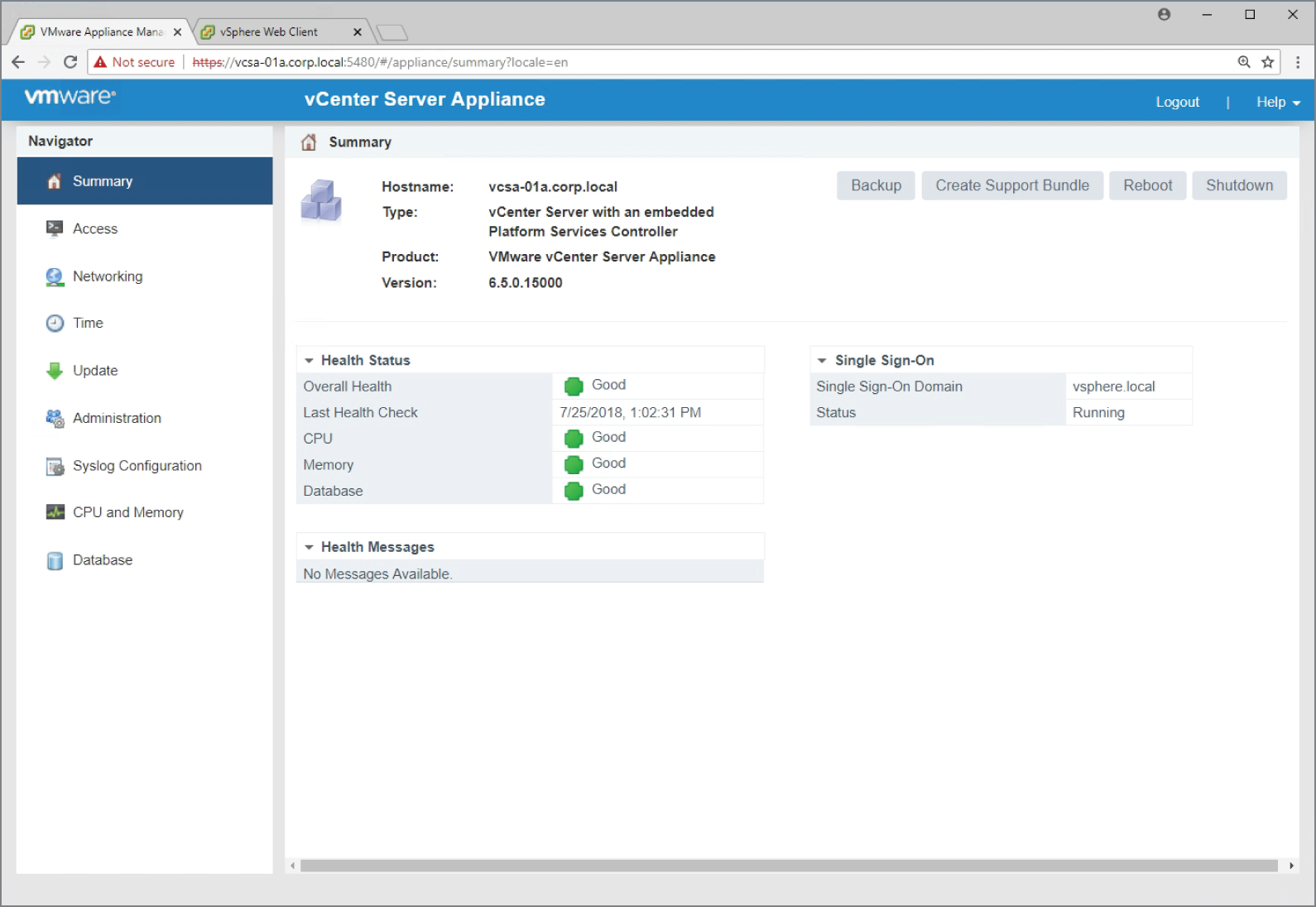 Snapshot of making the back up of VCSA from the Summary screen.
