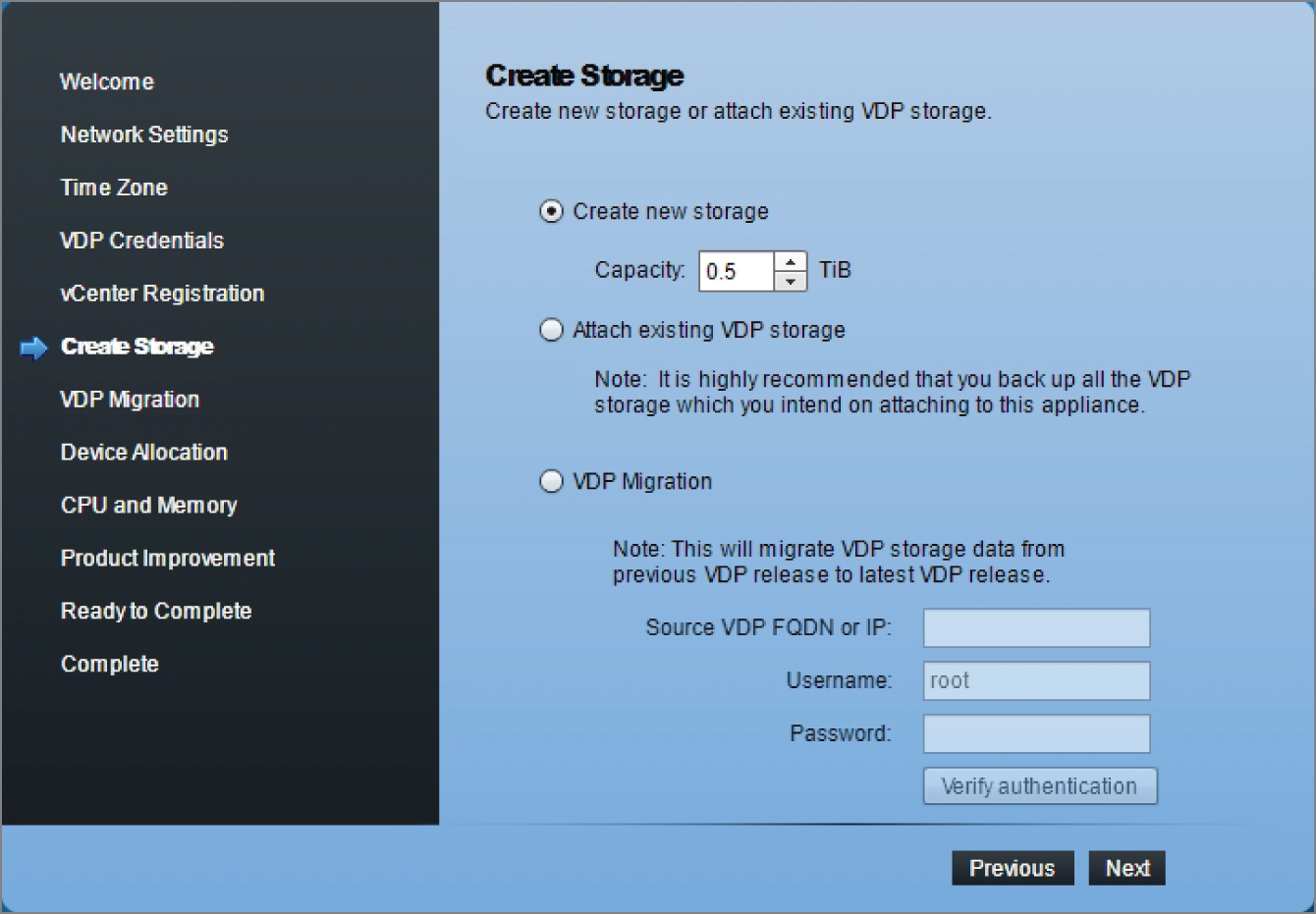 Snapshot of creating the storage for VDP.