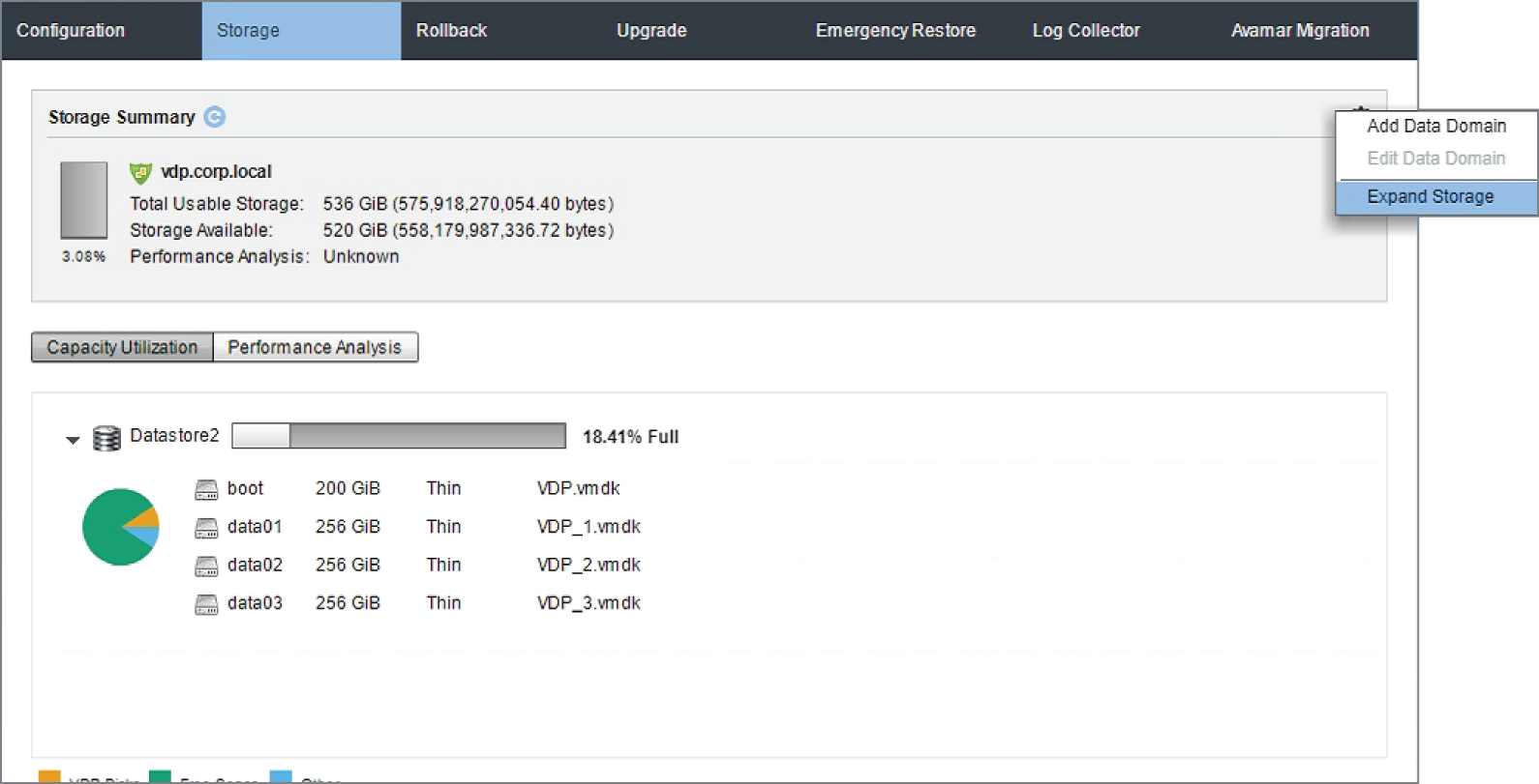 Snapshot of launching the expand storage utility for VDP.