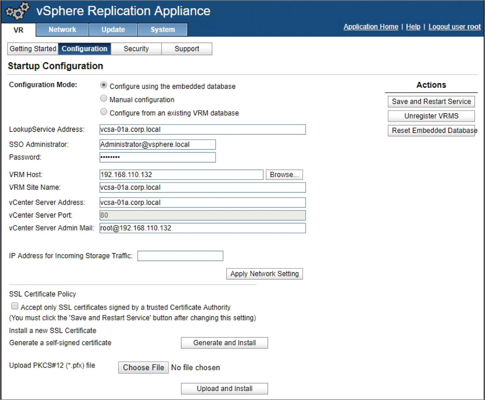 Snapshot of the vSphere Replication appliance configuration.