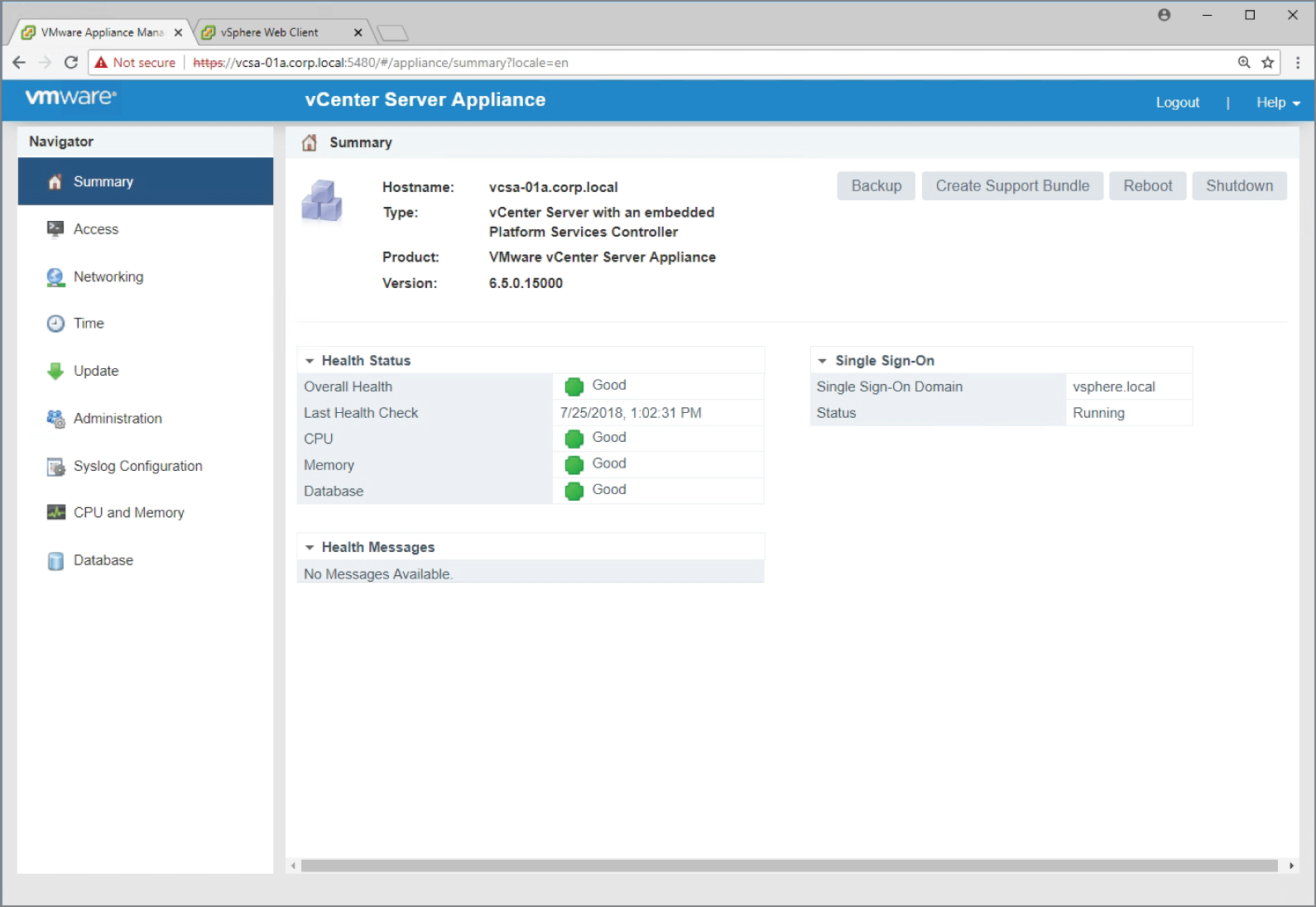 Snapshot of connecting to the management interface of the vCenter appliance.