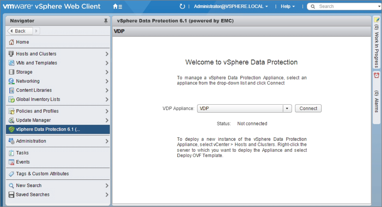 Snapshot of logging into vCenter and connect to the VDP appliance from the vSphere Data Protection menu.