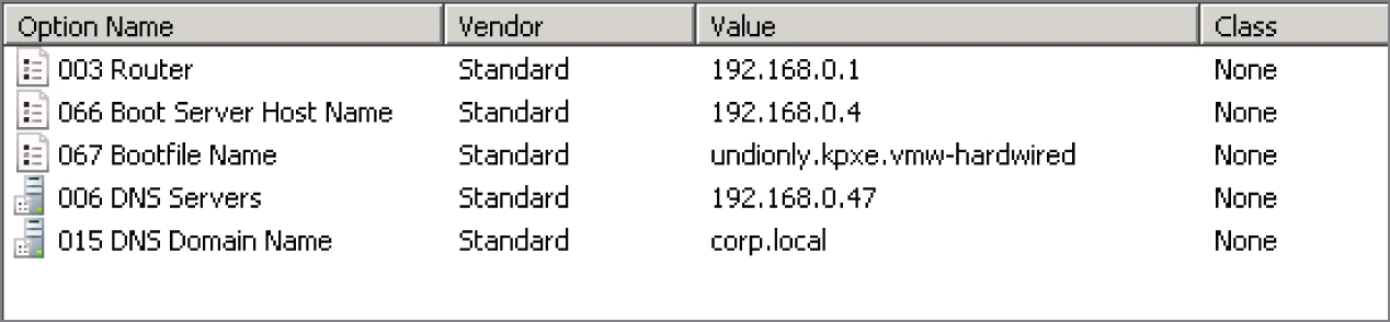 Snapshot of the Windows DHCP server with Auto Deploy options.