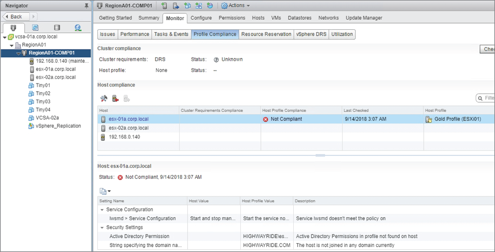 Snapshot of checking host compliance from the cluster view.