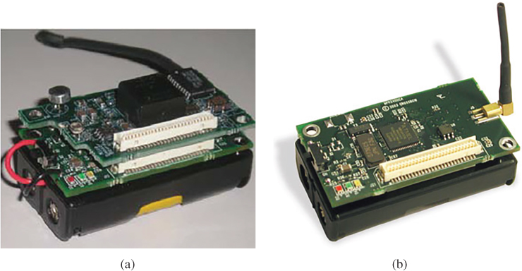 Photos depict the (a) Mica2 mote with its sensor board and (b) MicaZ mote.