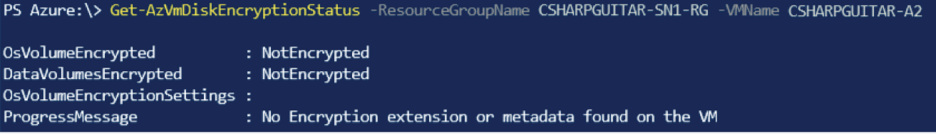 Snapshot of checking the encryption status of a managed disk using PowerShell.