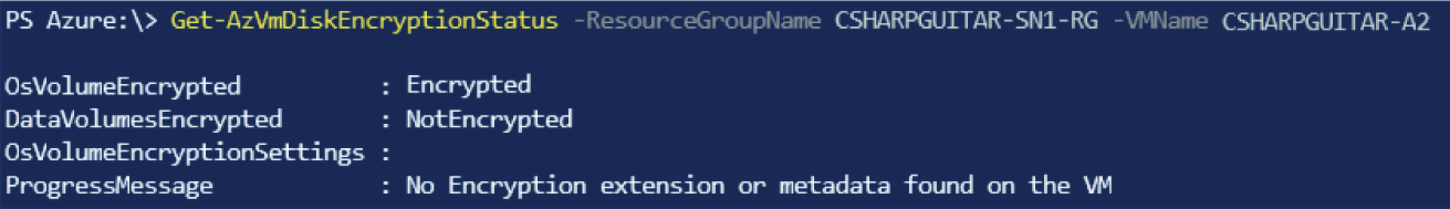Snapshot of checking the encryption status of a managed disk using PowerShell.