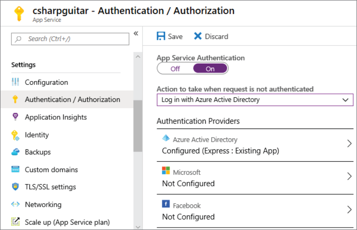 Snapshot of enabling AAD authentication for an Azure App Service web app.
