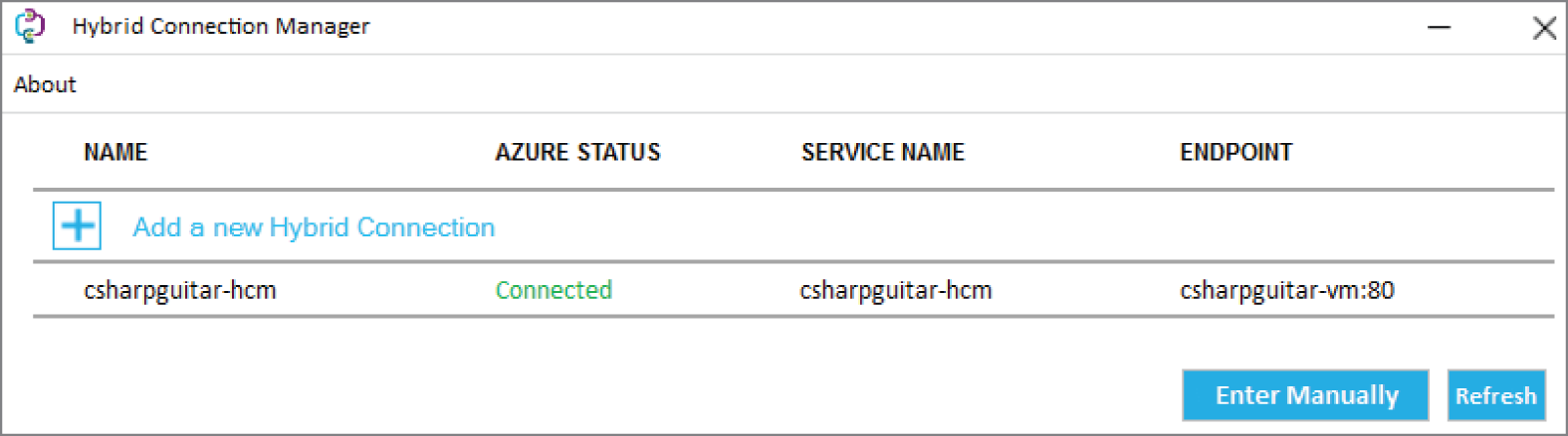 Snapshot of the server-side HCM configurations for a hybrid connection.