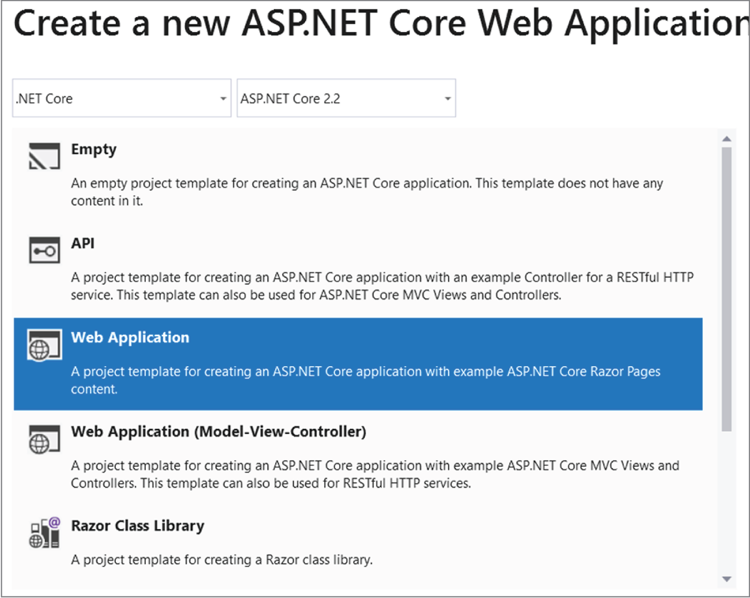 Snapshot of creating the .NET Core/ASP.NET Core Web Application Visual Studio project.