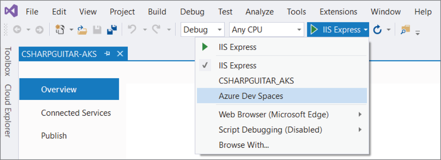 Snapshot of How to execute Azure Dev Spaces from within Visual Studio.