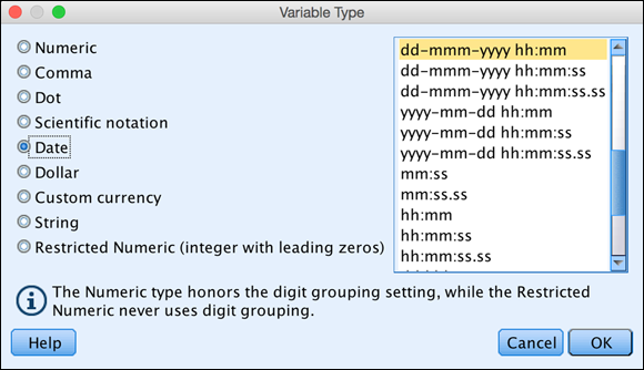 Screenshot of the Variable Type window to select the data type and the format for each variable from the list of types displayed on the left.