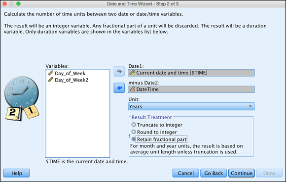 Screenshot of the Date and Time Wizard window to select the Retain Fractional Part radio button and click Continue.