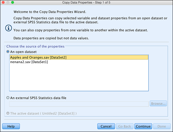 Screenshot of the welcome page of the Copy Data Properties Wizard page to select the file you want to use as the source of variable definitions.