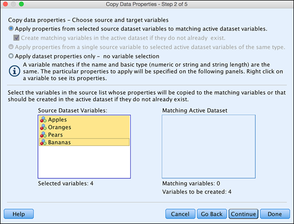 Screenshot of the Copy Data Properties page to apply properties from selected source dataset variables to matching active dataset variables.