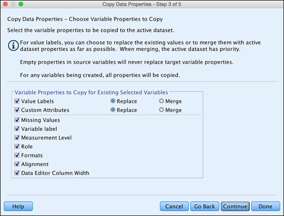 Screenshot of the Copy Data Properties page to select the variable properties to be copied to the active dataset.