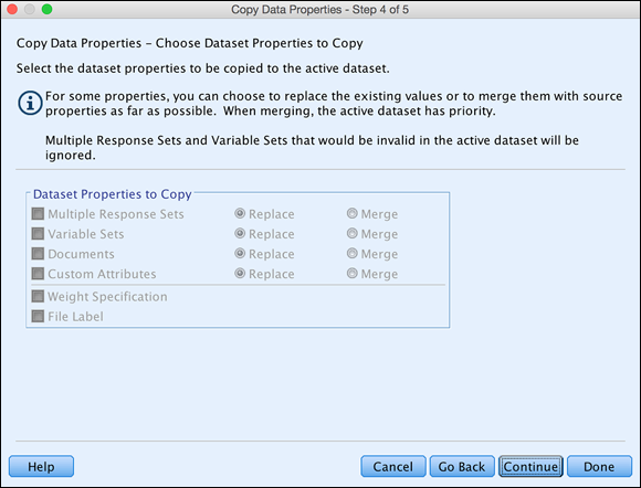 Screenshot of the Copy Data Properties page where different properties are available to be copied depending on the variable type.