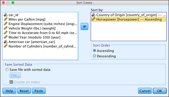 Screenshot of the Sort Cases dialog box to select the country_of_origin variable and then the horsepower variable,
in that order.