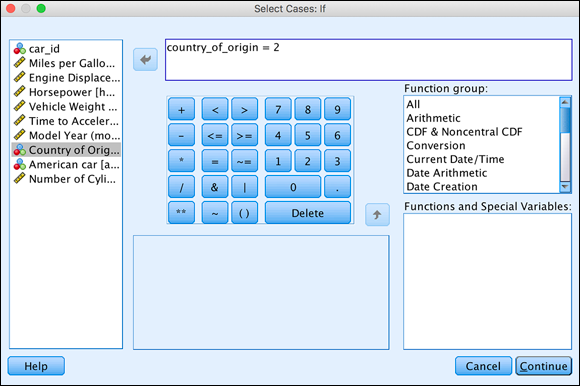 Screenshot of the Select Cases: If dialog box to enter country_of_origin =2 in the expression box.