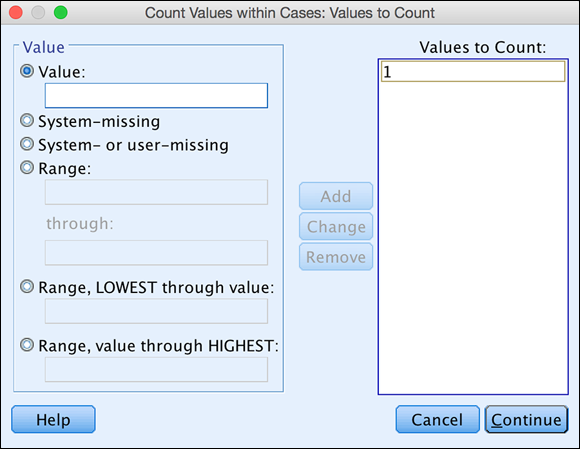 Screenshot of the Values to Count screen to count the number of selected variables that have a numeric value of 1, which signifies a subscription.