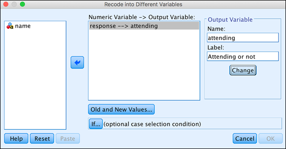 Screenshot of the Recode into Different Variables dialog to choose a new variable name and click the Old and New Values button.