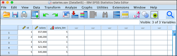 Screenshot of the salaries.sav file data displaying the new variable containing the bin numbers.