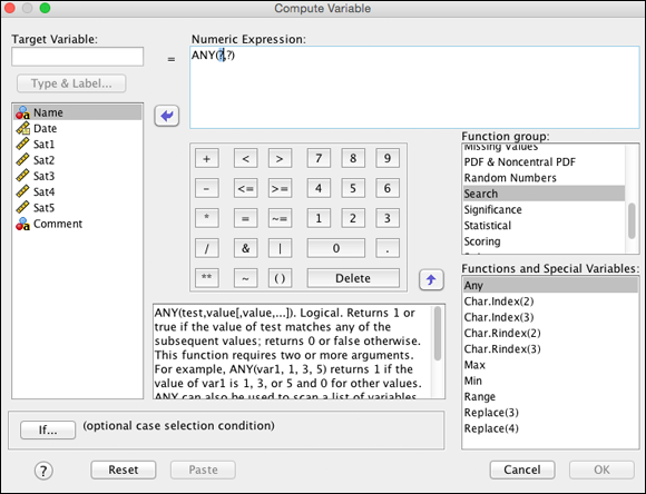 Screenshot of the Compute Variable dialog box with the ANY function chosen to click the up-arrow button on the right.