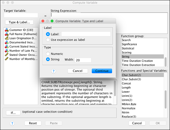 Screenshot of the Compute Variable window displaying the Type and Label dialog box for storing a string with a length of 20.