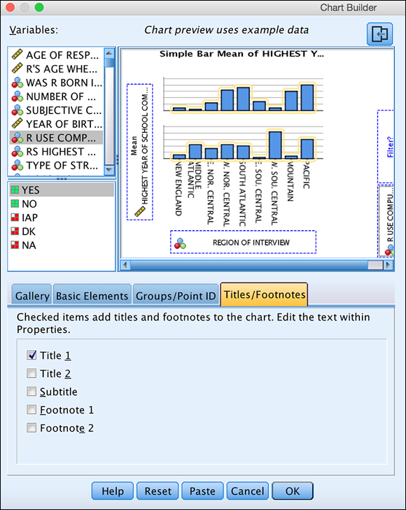 Screenshot displaying the window that appears on clicking the Titles/Footnotes tab in the Chart Builder dialog.