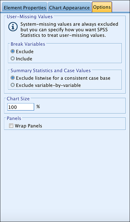 Screenshot displaying the Options tab in the Chart Builder dialog to specify how you want to handle missing data.