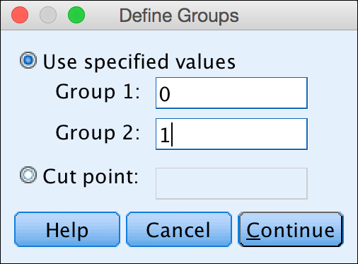 Screenshot of the Define Groups dialog displaying the number 0 typed in the Group 1 box and number 1 typed in the Group 2 box.