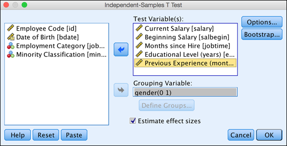 Screenshot of the Independent-Samples T Test dialog, with the Grouping Variable box completed and only two different groups compared.