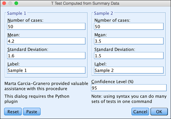 Screenshot of the completed T Test Computed from Summary Data dialog presenting the differences between 2 samples specifying the number of cases in each group, along with the respective means and standard
deviations.