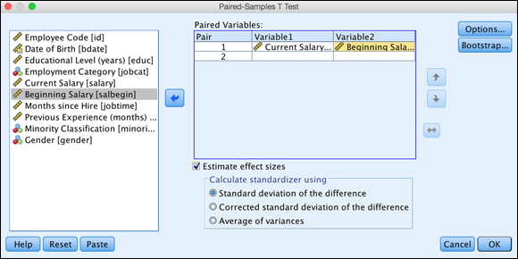 Screenshot of the Paired-Samples T Test dialog to select the Current Salary and Beginning Salary variables, and place them in the Paired Variables box.